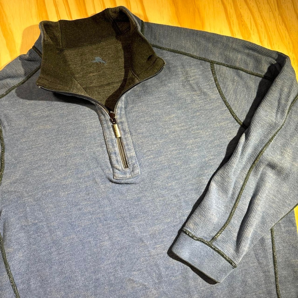Tommy Bahama Mens Blue Quarter Zip Pullover Sweater Large Contrast Stitching